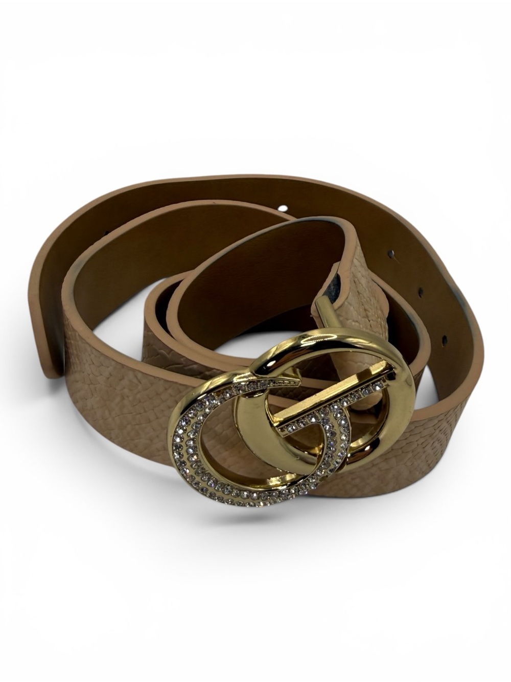 Tan Women's Leather Belt with Gold Crystal Double-Ring Buckle